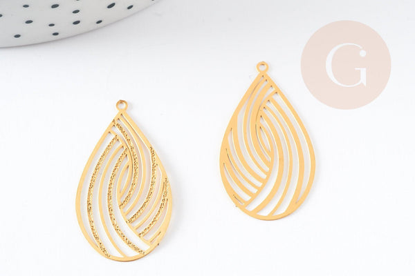 Pendentif estampe filigrane goutte acier inoxydable 304 doré texturé 32x18mm, x2 (G9201)