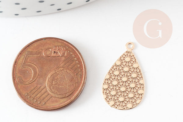 Pendentif estampe filigrane goutte motif géométrique laiton doré 19.5mm, Pendentif très fin et léger pour création de bijoux, x2 (G9279)