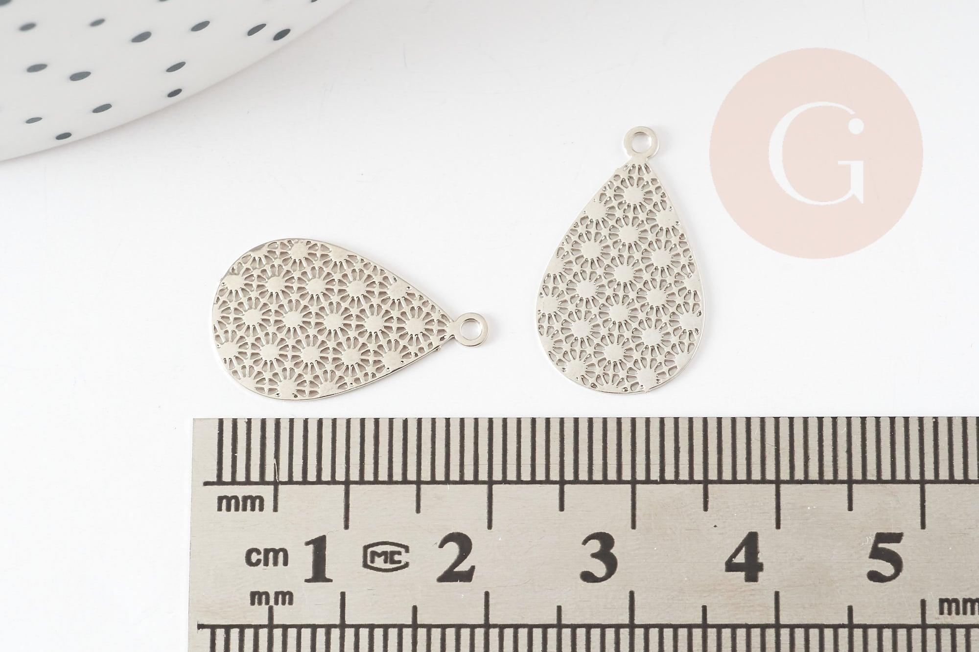 Pendentif estampe filigrane goutte motif géométrique laiton platine 19.5mm, très fin et léger bijoux argentés, x2 G9289
