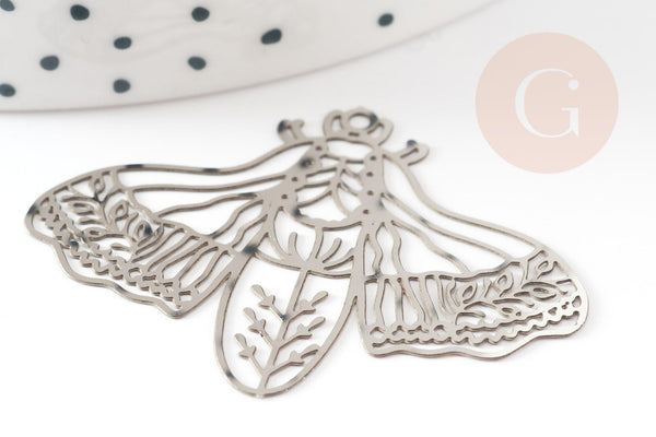Pendentif estampe filigrane papillon acier argenté 32x44mm,x2 (G4109)