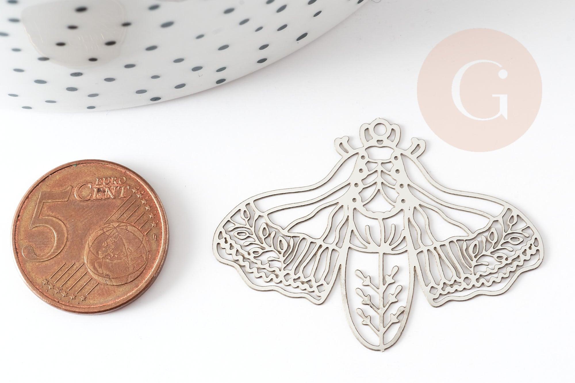 Pendentif estampe filigrane papillon acier argenté 32x44mm,x2 (G4109)