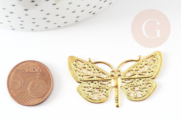 Pendentif estampe filigrane papillon laiton doré 24x43mm, x2 (G4119)