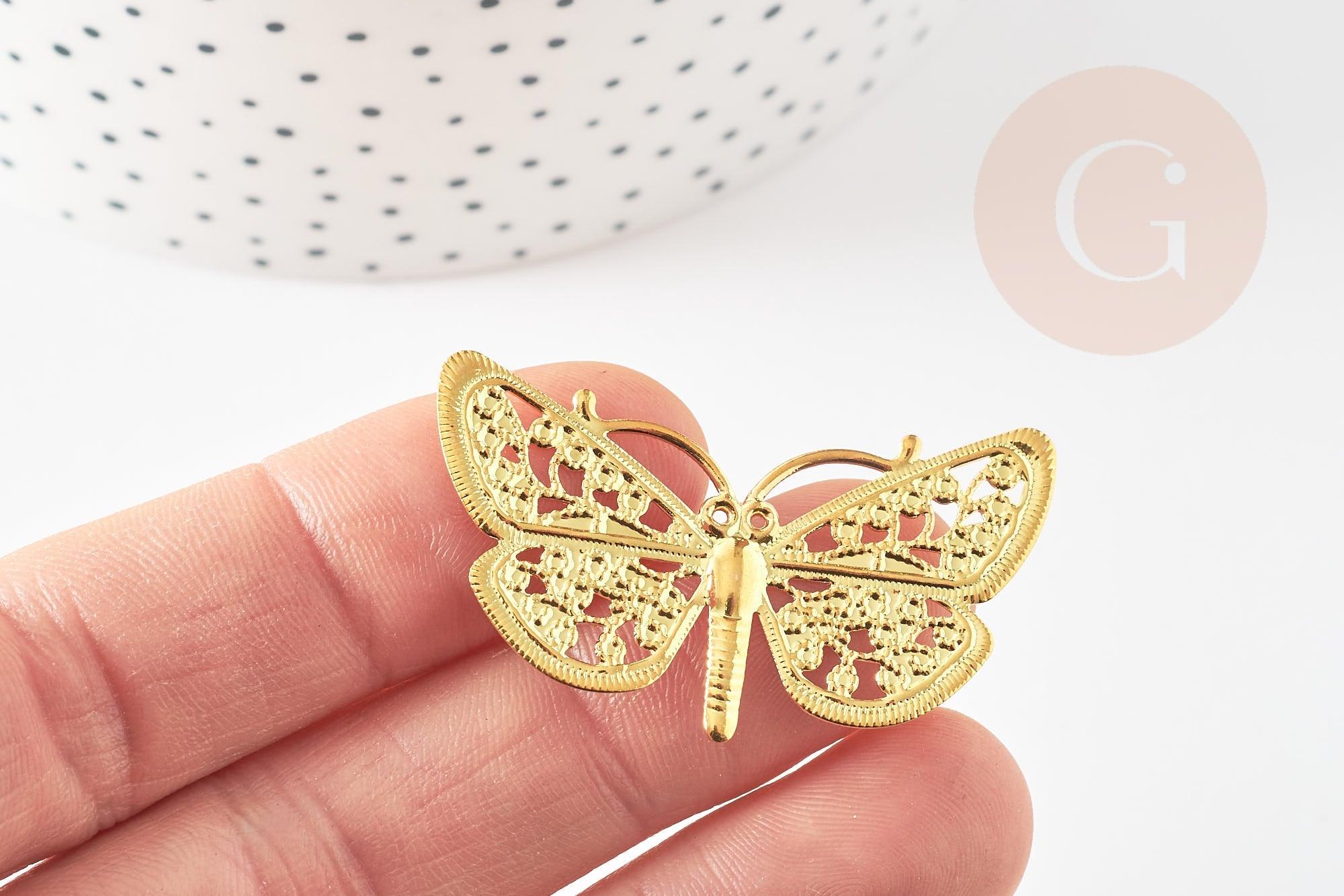 Pendentif estampe filigrane papillon laiton doré 24x43mm, x2 (G4119)
