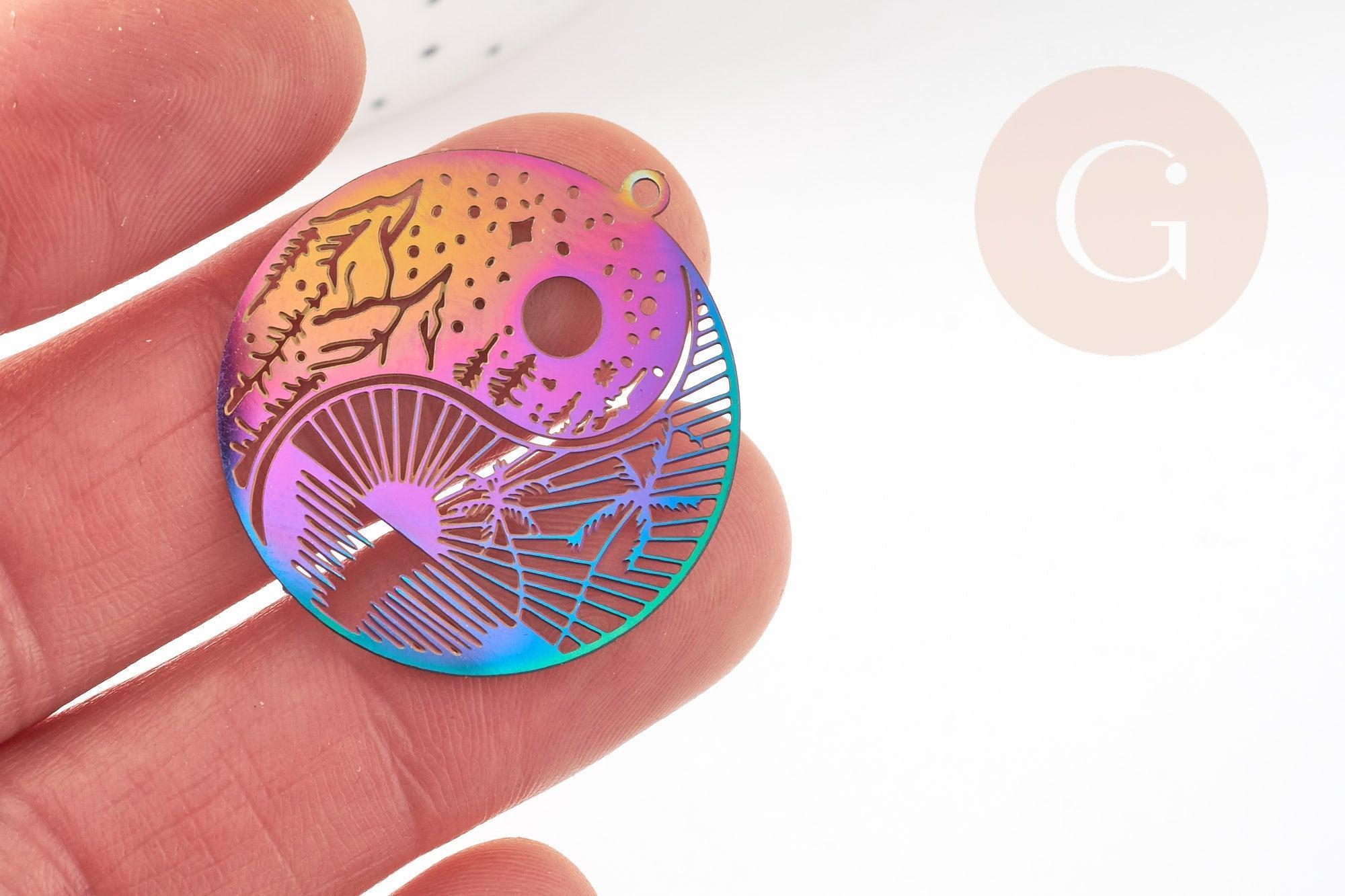 Pendentif estampe filigrane paysage multicolore acier 201 inoxydable 32mm, Pendentif très fin et léger, x2 (G4444)
