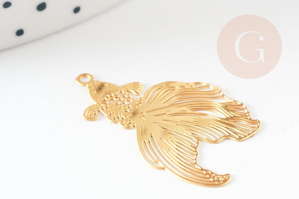Pendentif estampe filigrane poisson acier 201 inoxydable doré 18K 27mm, x2 (G8793)