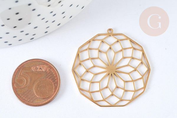 Pendentif estampe filigrane polygone fleur acier inoxydable 201 doré 35.5mm, x1 (G7253)