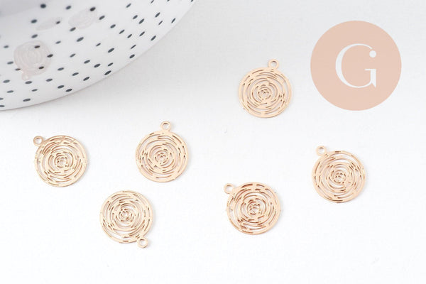 Pendentif estampe filigrane rond Fleur rose laiton doré clair 14.5mm, Pendentif léger pour création bijoux or, x2 (G9291)