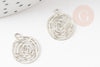 Pendentif estampe filigrane rond Fleur rose laiton platine 14.5mm, x2 (G9305)
