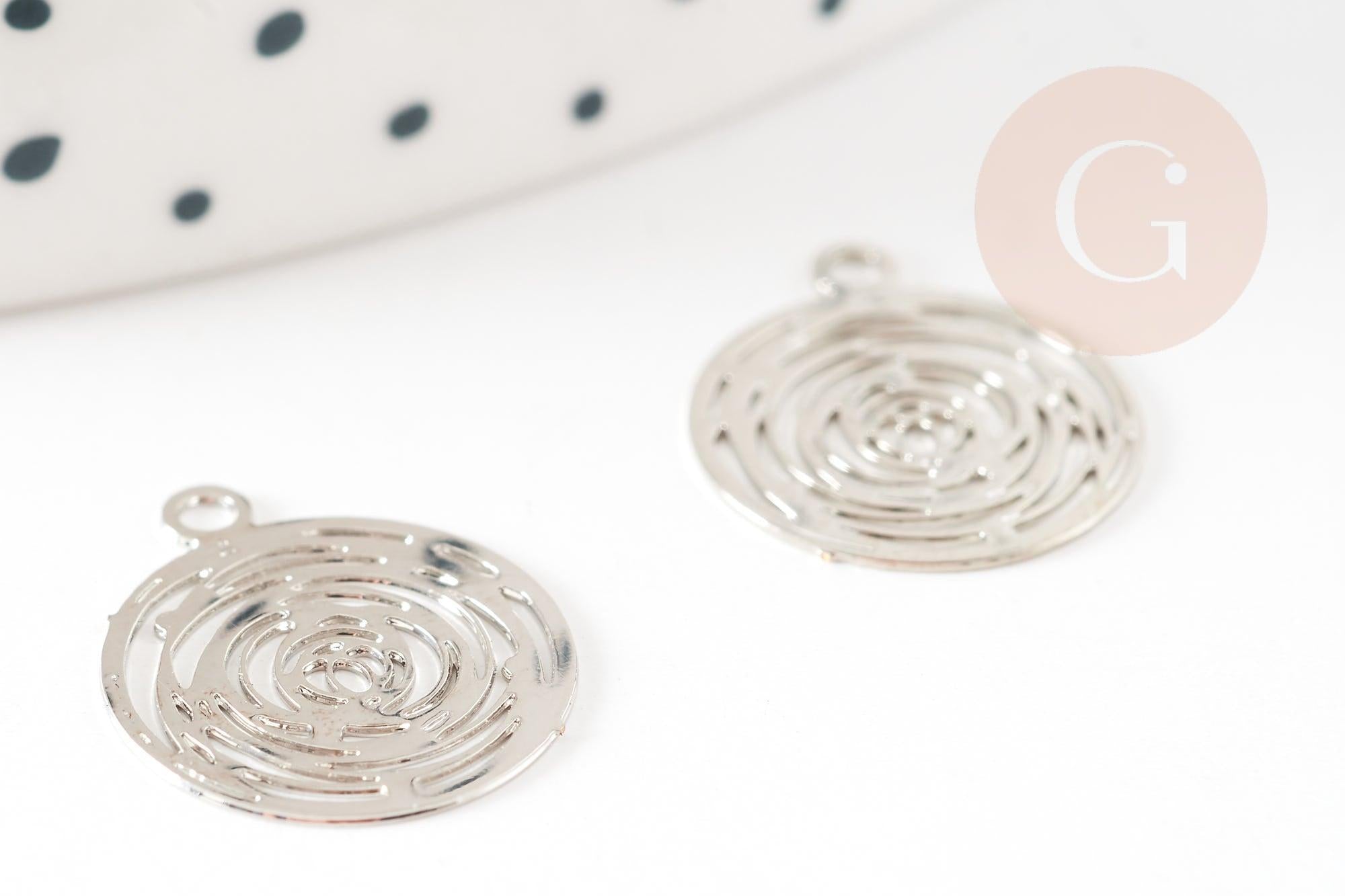 Pendentif estampe filigrane rond Fleur rose laiton platine 14.5mm, x2 (G9305)