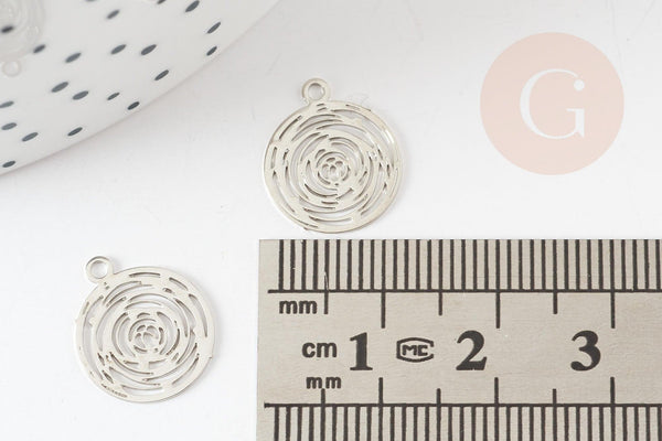 Pendentif estampe filigrane rond Fleur rose laiton platine 14.5mm, x2 (G9305)