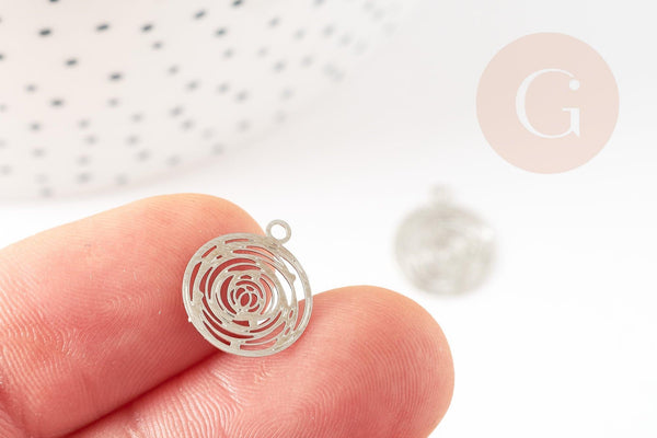 Pendentif estampe filigrane rond Fleur rose laiton platine 14.5mm, x2 (G9305)