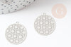 Pendentif estampe filigrane rond acier argent, Pendentif très fin et léger, 21.5x20mm ,x2 (G4111)