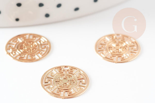 Pendentif estampe filigrane rond aztèque laiton doré, Pendentif très fin et léger, 13mm, x2 (G4456)