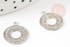 Pendentif estampe filigrane rond évidé motif géométrique laiton platine 14mm, Pendentif léger création bijoux argent, x2 (G9295)
