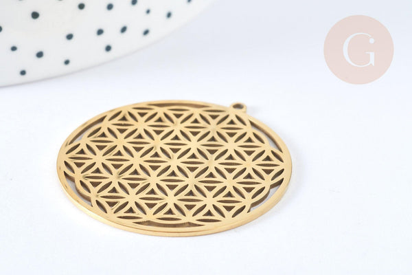 Pendentif estampe filigrane rond fleur de vie acier inoxydable 201 doré 42mm, création bijoux acier inoxydable, x1 G7256