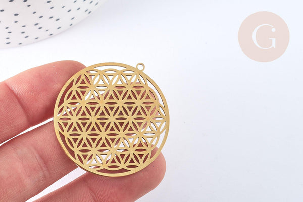 Pendentif estampe filigrane rond fleur de vie acier inoxydable 201 doré 42mm, création bijoux acier inoxydable, x1 G7256