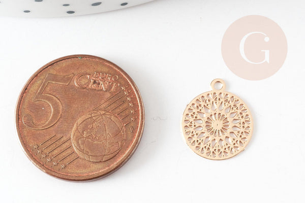 Pendentif estampe filigrane rond fleur dentelle laiton doré clair 14mm, Pendentif léger pour création bijoux or, x2 (G9290)