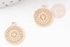 Pendentif estampe filigrane rond fleur dentelle laiton doré clair 14mm, Pendentif léger pour création bijoux or, x2 (G9290)