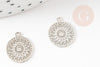 Pendentif estampe filigrane rond fleur dentelle laiton platine 14mm, Pendentif léger pour création bijoux argent, x2 (G9304)