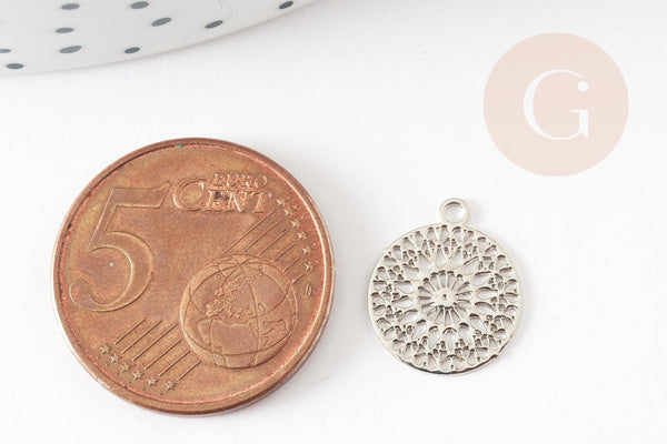 Pendentif estampe filigrane rond fleur dentelle laiton platine 14mm, Pendentif léger pour création bijoux argent, x2 (G9304)