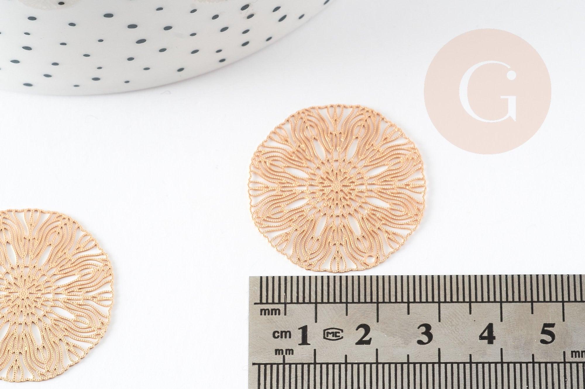 Pendentif estampe filigrane rond fleur laiton doré 30mm, Pendentif très fin et léger pour création de bijoux DIY x2 G9205