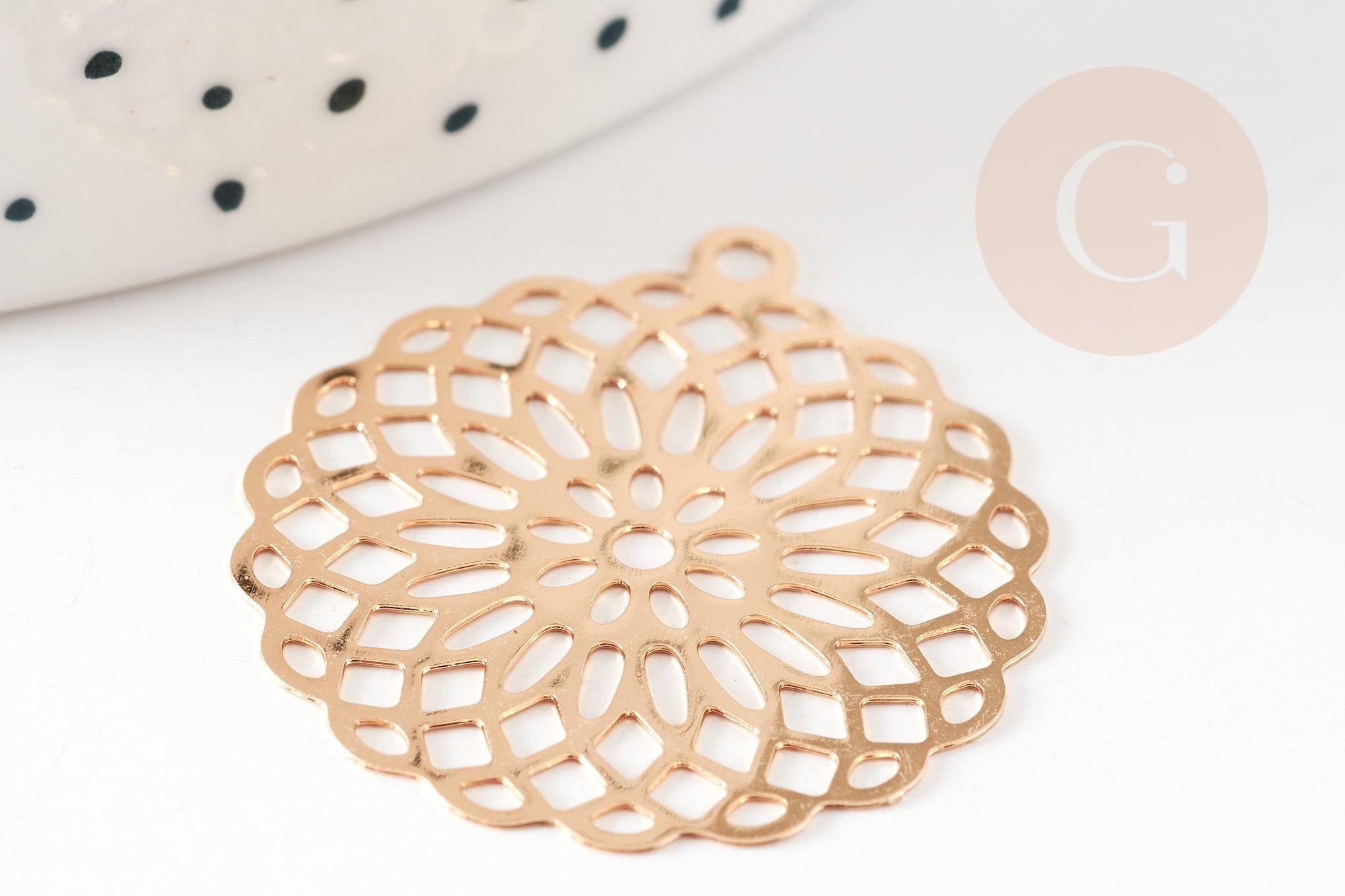 Pendentif estampe filigrane rond fleur laiton doré 30mm, Pendentif très fin et léger pour création de bijoux, x2 G9276
