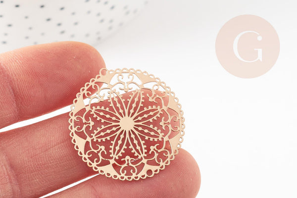 Pendentif estampe filigrane rond fleur laiton doré 31.5mm, Pendentif très fin et léger pour création de bijoux, x2 G9275