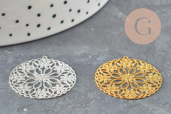 Pendentif estampe filigrane rond fleur laiton doré ou argenté 28mm, Pendentif très fin et léger pour création de bijoux, x2 (G9505)