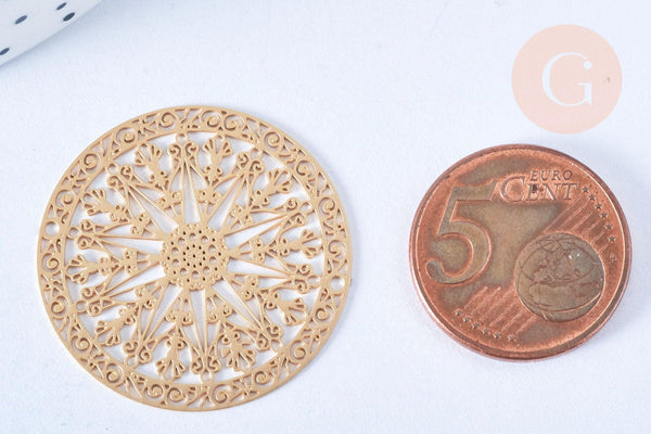Pendentif estampe filigrane rond flocon de neige laiton doré, Pendentif très fin et léger, 20mm,x2 G5501