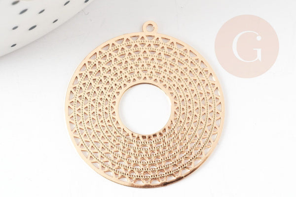 Pendentif estampe filigrane rond géométrique évidé laiton doré 32.5mm, Pendentif très fin et léger pour création de bijoux, x2 G9274