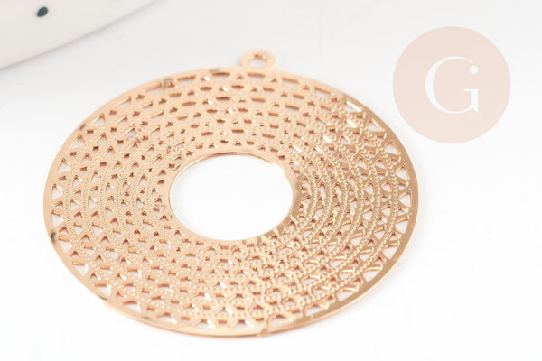 Pendentif estampe filigrane rond géométrique évidé laiton doré 32.5mm, Pendentif très fin et léger pour création de bijoux, x2 G9274