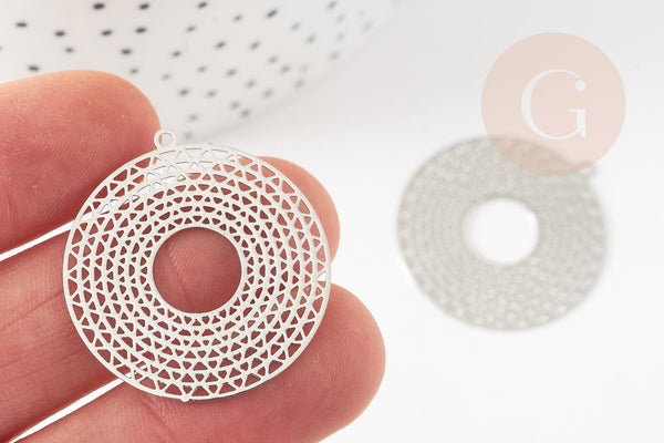 Pendentif estampe filigrane rond géométrique évidé laiton platine 32.5mm, Pendentif très fin pour création de bijoux argent, x2 (G9292)