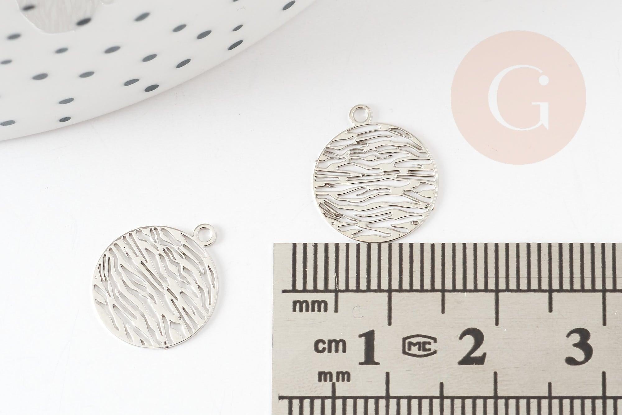 Pendentif estampe filigrane rond motif vagues laiton platine 14mm, Pendentif léger pour création bijoux argent, x2 (G9298)