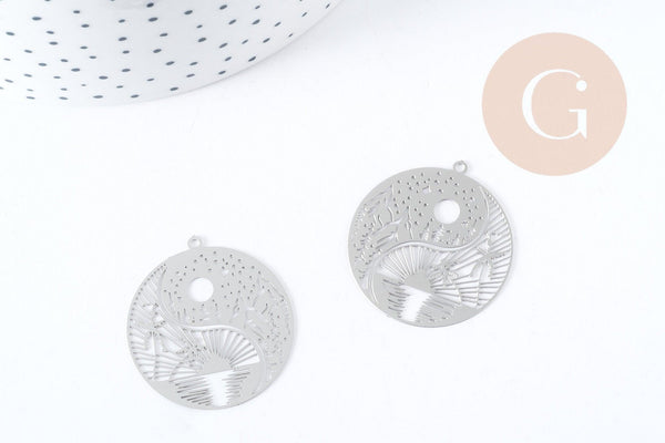 Pendentif estampe filigrane rond paysage acier 201 inoxydable argenté 32mm, Pendentif très fin et léger x1, (G8937)