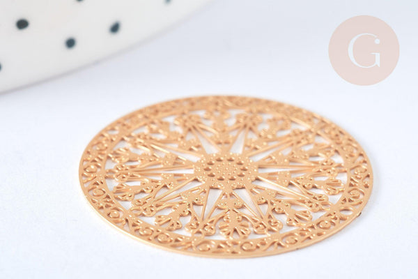 Pendentif estampe filigrane rond rosace laiton doré 30mm, Pendentif léger, x2 G7249