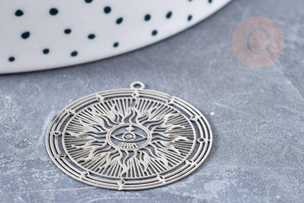 Pendentif estampe filigrane rond soleil acier 201 inoxydable argenté 32.5x30mm, pendentif très léger pour boucles et colliers x2 (G4110)