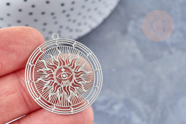 Pendentif estampe filigrane rond soleil acier 201 inoxydable argenté 32.5x30mm, pendentif très léger pour boucles et colliers x2 (G4110)