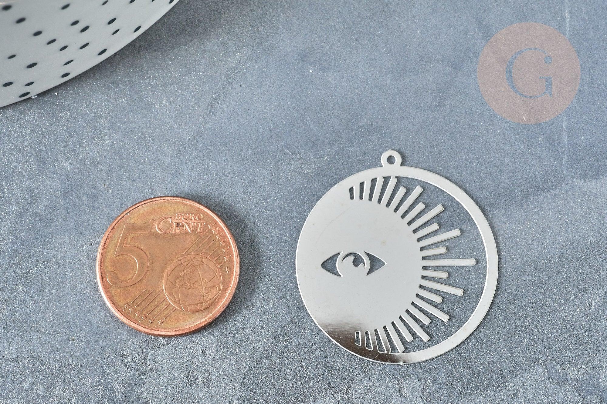 Pendentif estampe filigrane soleil acier 201 inoxydable platine 32.5mm x2 (G8019)