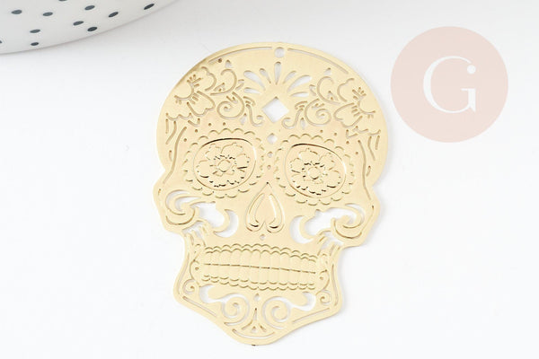 Pendentif estampe filigrane tête de mort laiton doré, Pendentif très fin et léger, 46 x 34 mm, x2 (G3697)