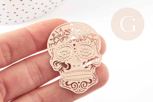 Pendentif estampe filigrane tête de mort laiton or rose, Pendentif très fin et léger,46 x 34 mm, x2 (G3689)