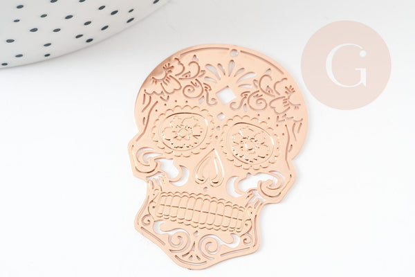 Pendentif estampe filigrane tête de mort laiton or rose, Pendentif très fin et léger,46 x 34 mm, x2 (G3689)