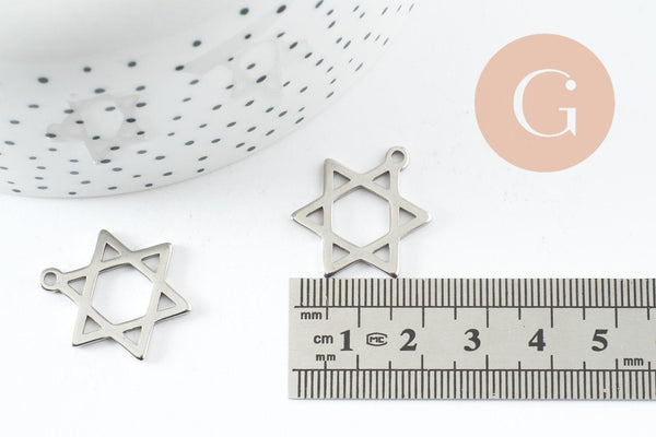 Pendentif étoile David acier 304 inoxydable argent 25mm, x1 (G9824)