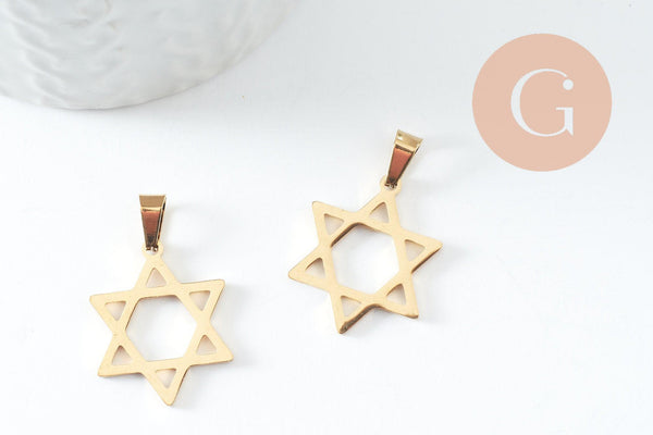 Pendentif étoile David acier 304 inoxydable doré 25mm, x1 (G9856)