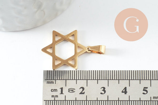 Pendentif étoile David acier 304 inoxydable doré 25mm, x1 (G9856)