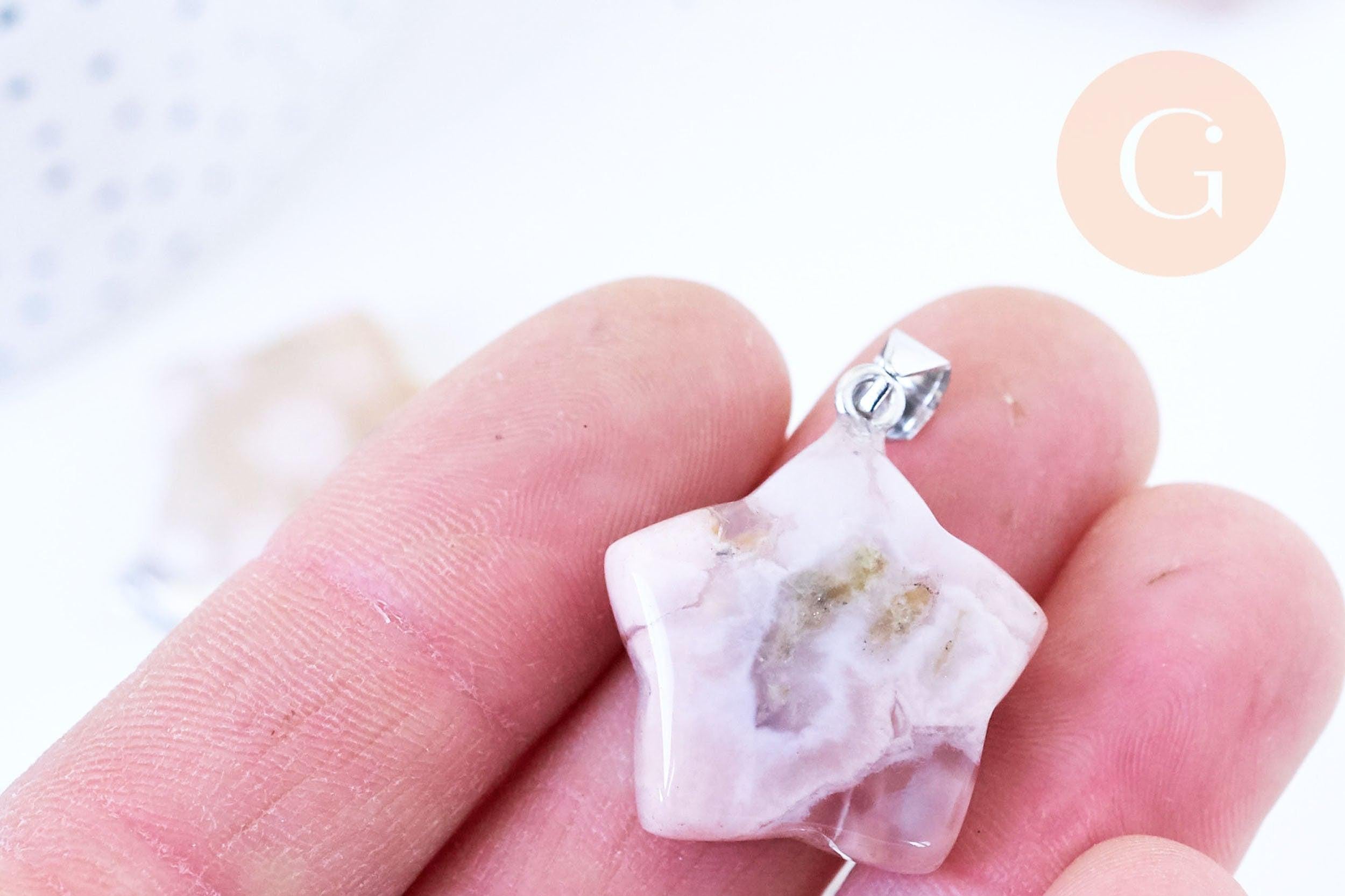 Pendentif étoile agate cherry blossom naturelle fer argenté 27mm, x1 (G5714)