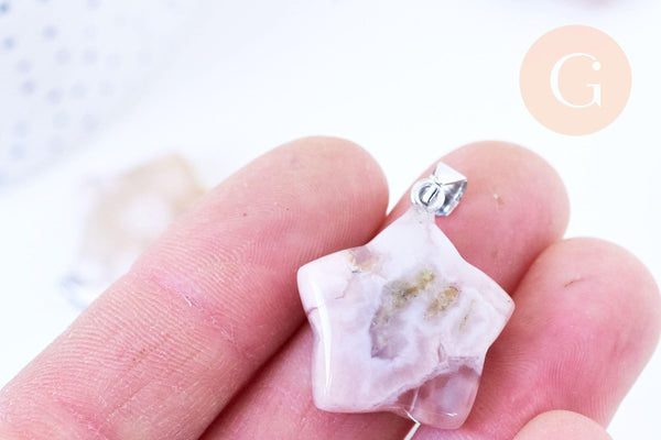 Pendentif étoile agate cherry blossom naturelle fer argenté 27mm, x1 (G5714)