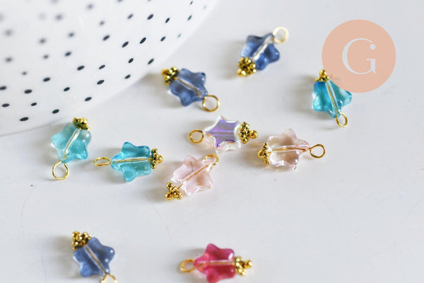 Pendentif étoile doré carats verre coloré 14mm, x10 (G6225)