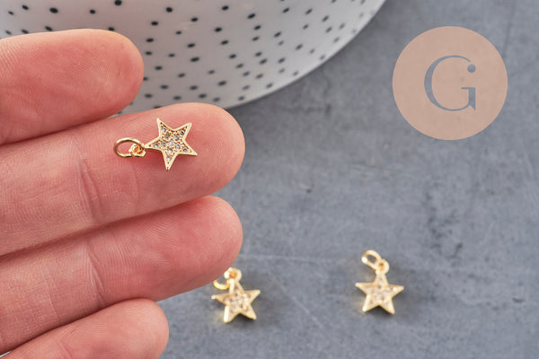 Pendentif étoile doré cristal zircon, pendentif doré,porte-bonheur,laiton dore,bijou constellation,11.5mm, x1 (G4062)