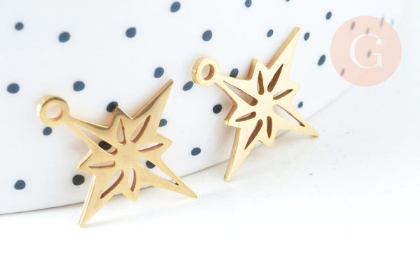 Pendentif étoile du nord acier 201 inoxydable doré 24mm, breloque acier inoxydable doré sans nickel, x1 G5730