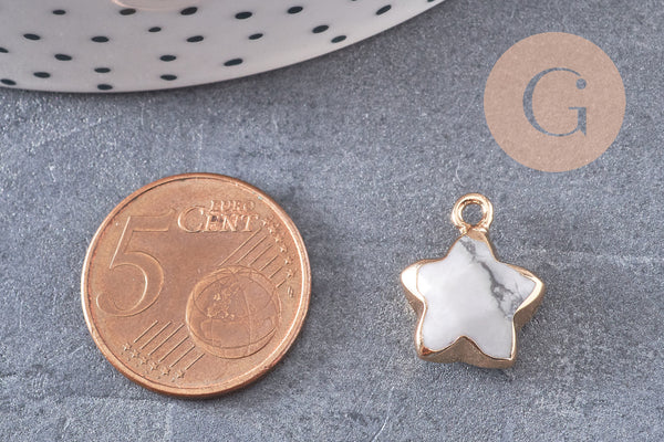 Pendentif étoile howlite blanche naturelle facettes fer doré 17mm, x1 (G3946)
